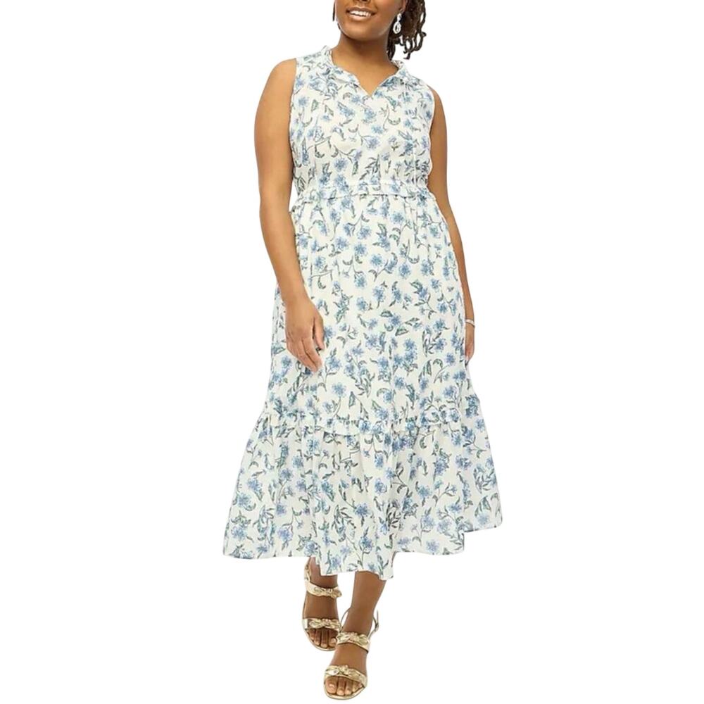 J.Crew Women's 14 Maxi Dress Blue Floral Boho Ruffle Hem Summer V-Neck